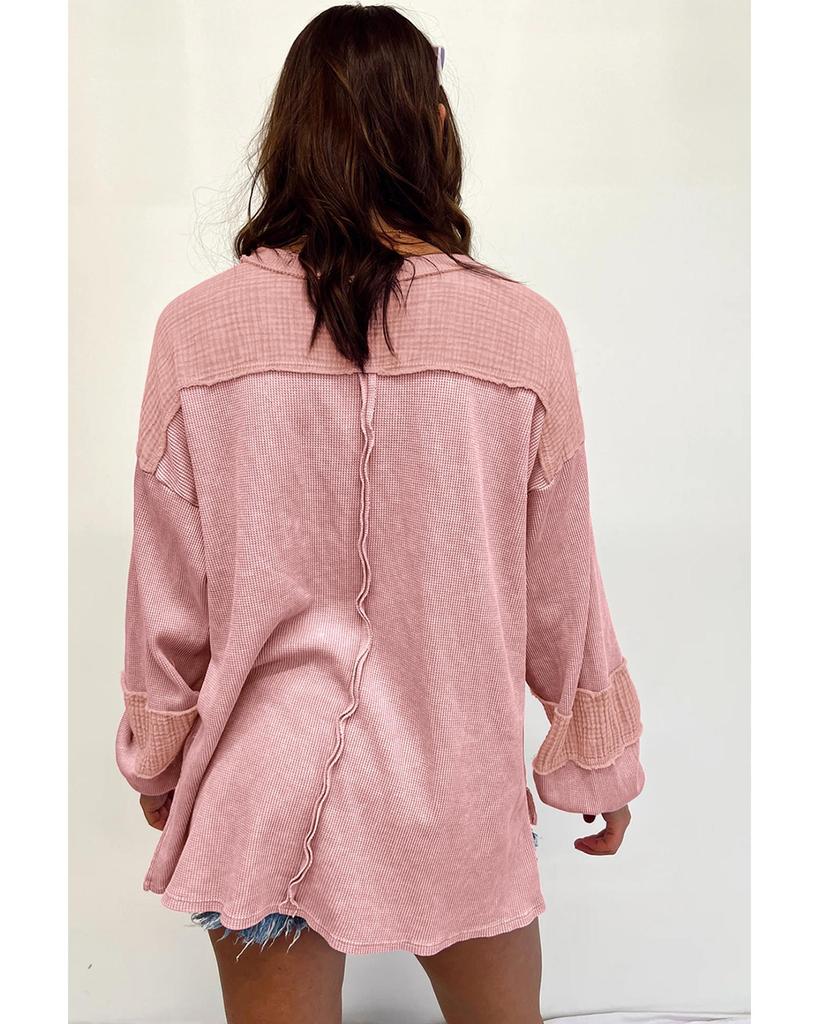 Azura Exchange Pink Exposed Seam Patchwork Bubble Sleeve Waffle Knit Top