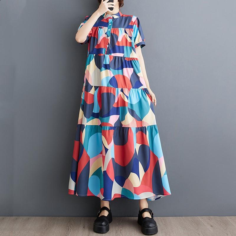 Новое винтажное платье с цветочным принтом больших размеров с коротким рукавом для женщин, повседневное свободное длинное летнее платье