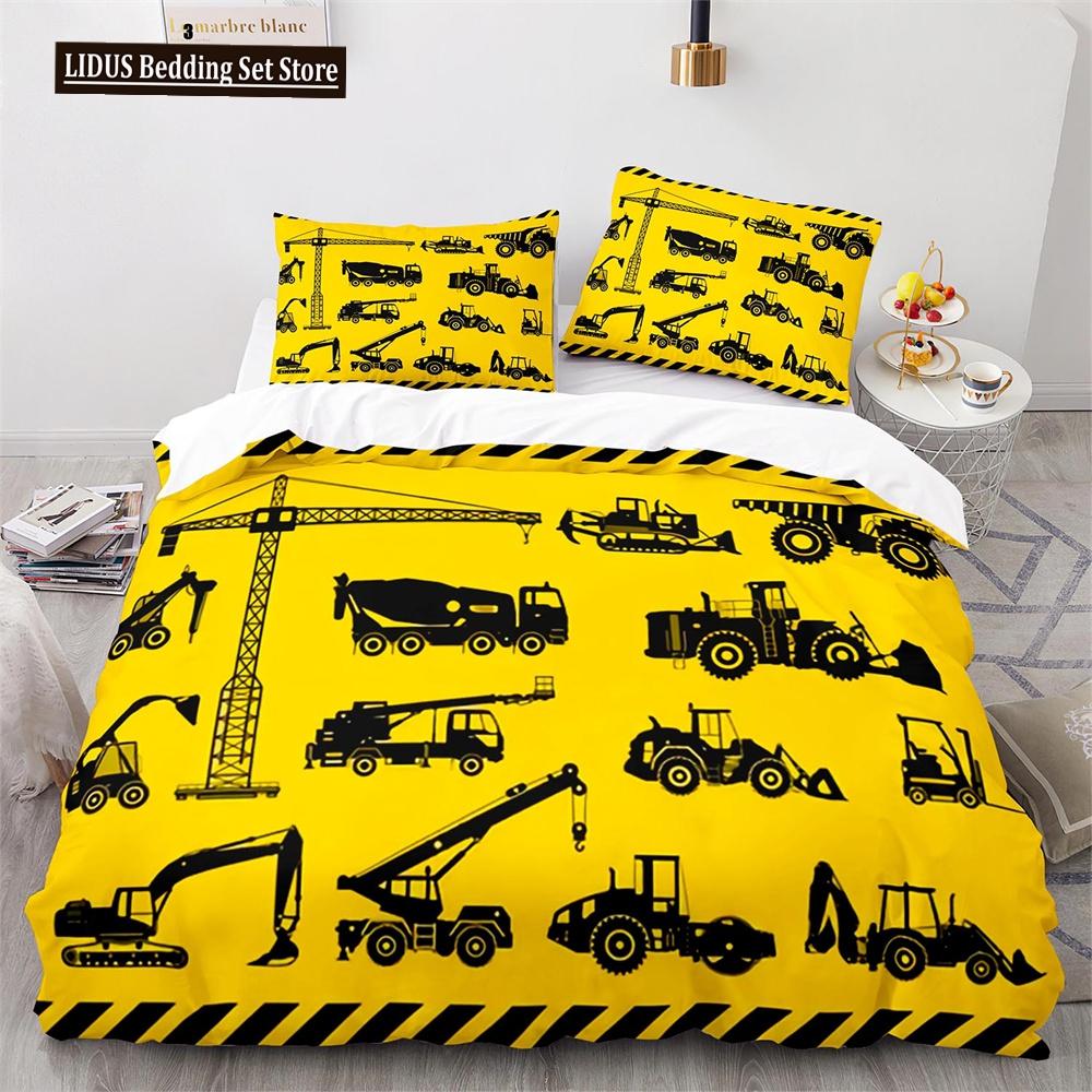 Комплект пододеяльника Digger Мультяшный Грузовик Тяжелой Техники Кран Бетономешалка Экскаватор Трактор Узор Для Ребенка Подростка Полиэстеровый Постельный Комплект