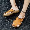 Men Black Leather Slippers Gladiator Sandals Outdoor Summer Brown Handmade Beach Shoes Wide Head Plus Size