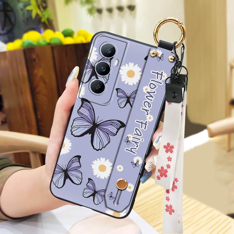 Phone Holder Durable Phone Case For Realme C65 Oil Painting Anti-dust Flower Silicone Shockproof Wristband Waterproof