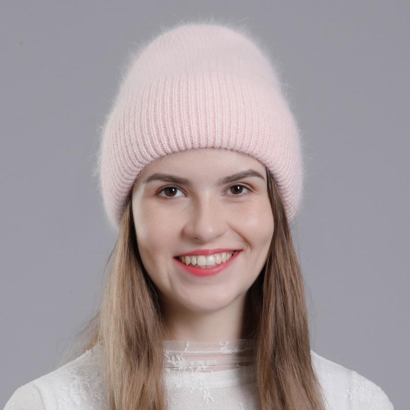 Women Autumn Winter Versatile Rabbit Hair Warm Knitted Wool Solid Color Pullover Hat