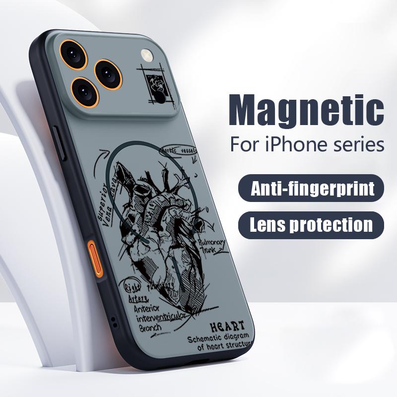 Креативный чехол с узором в виде диаграммы сердец Для iPhone 17 Pro Max Магнитный Для Magsafe Покрытие с ощущением кожи Для iPhone 16 15 14 13 Pro Max