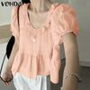 Elegant Women V Neck Puff Sleeve Ruffled Casual Loose Blouse