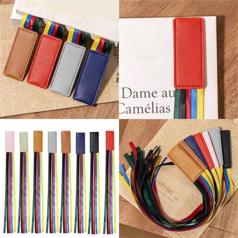 2 Pcs Book Markers with Colorful Ribbons PU Leather Reading Bookmarks Ribbon Page Markers for Book Lovers