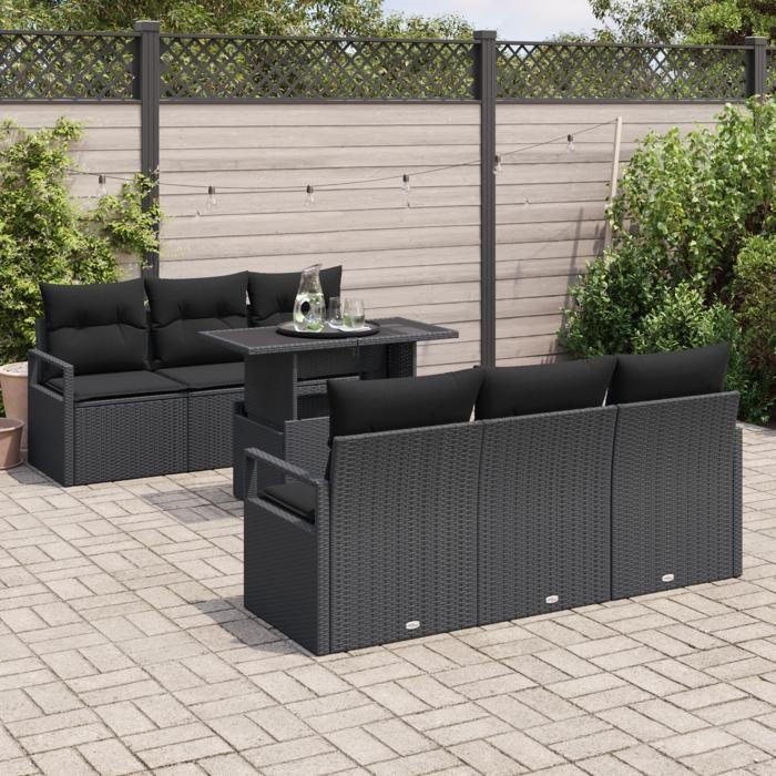 7-Piece Garden Sofa Set with Black Cushions Poly Rattan, 2-Seater Garden Sofa with Black Cushions Poly 3348749