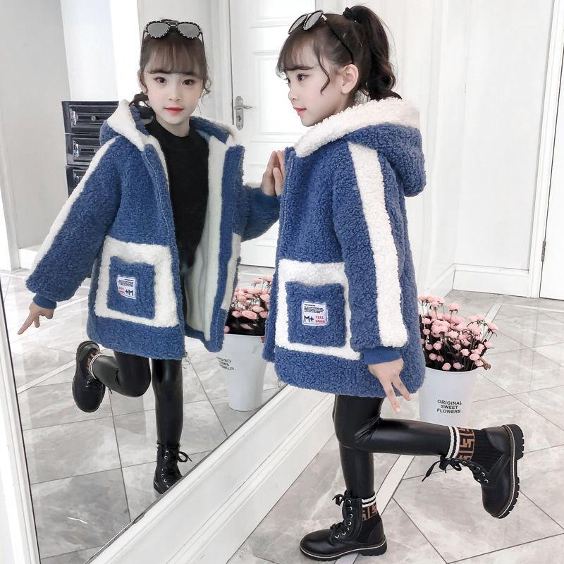 Зимняя куртка для девочек из овечьего флиса, средней длины с утолщением из бархата, детская куртка для больших детей, куртка для маленьких девочек