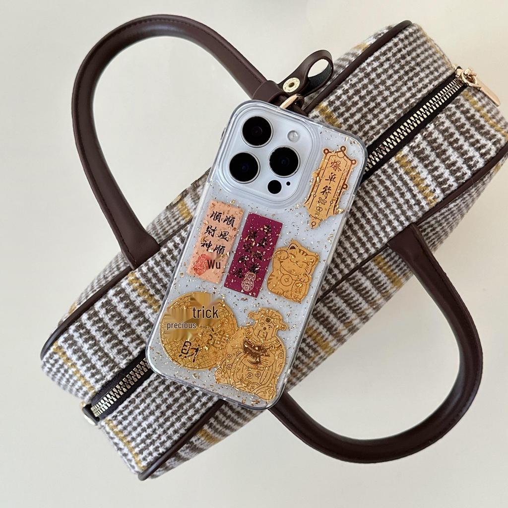 Китайский Бог Богатства Золотая Фольга Эпоксидный Чехол для Телефона для iPhone 13, 14, 15, 16 Pro Max & 17 Air - Ударопрочный Дизайн