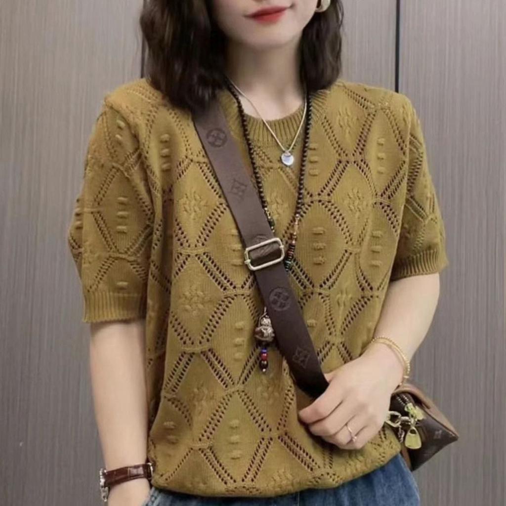 Французский ажурный летний тонкий вязаный свитер с короткими рукавами, женский модный свободный топ с круглым вырезом в западном стиле, уменьшающий возраст