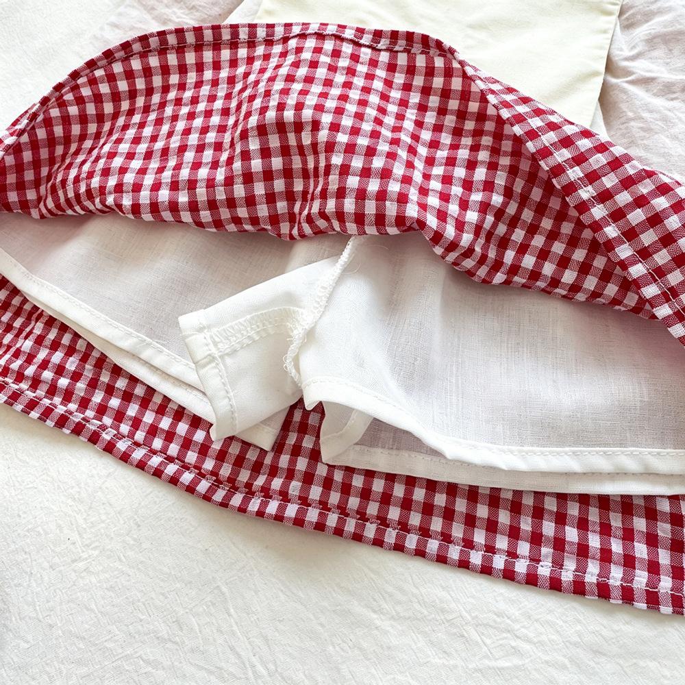 Girls Summer Red And White Plaid Two Piece Set Embroidered Flutter Sleeve Cami Top And Tiered Cake Skirt Outfit