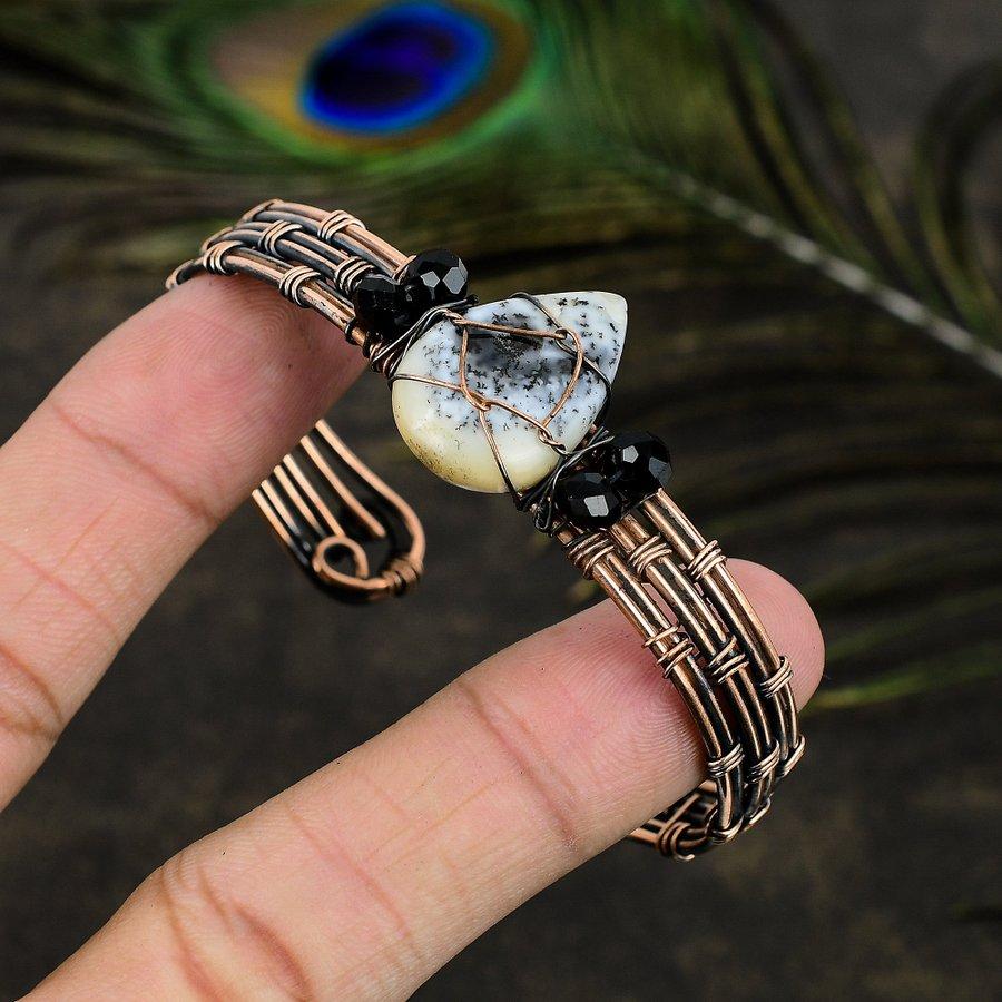Браслет-манжета из натурального дендрита и опала ручной работы из медной проволоки, регулируемый T3m32