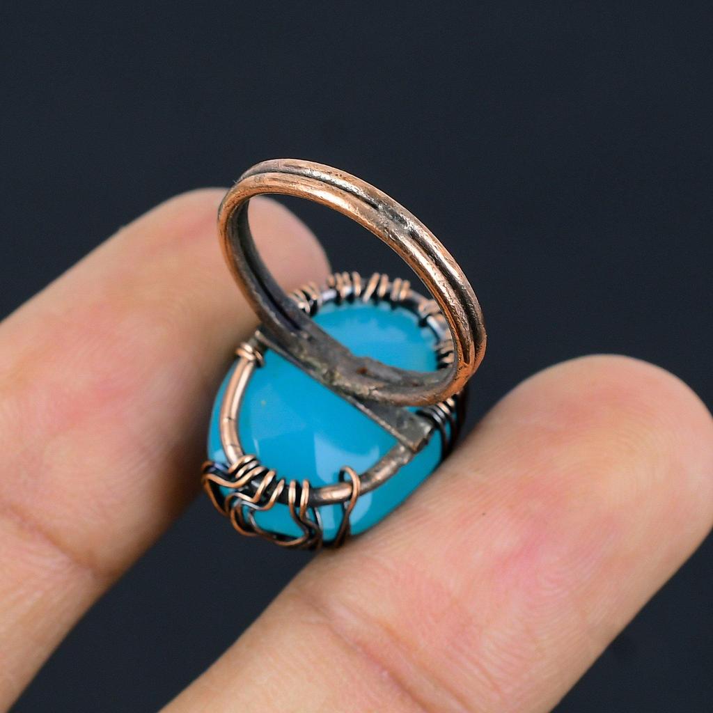 Tree Of Life Aqua Chalcedony Gemstone Copper Wire Wrapped Handmade Jewelry Ring For Gift All Size