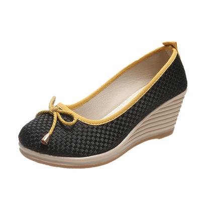 Туфли на платформе и каблуках, женские удобные туфли из хлопка и льна с принтом, модные туфли-лодочки с бантом, туфли на танкетке и высоком каблуке, повседневные туфли без застежек