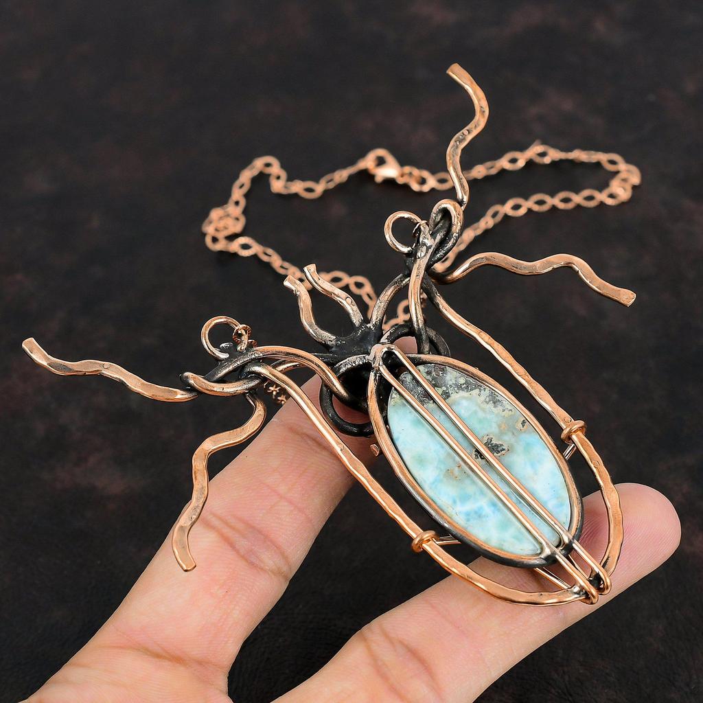 Larimar Necklace Copper Wire Wrapped Gemstone Necklace Copper Handmade Jewelry Adjustable Chain Necklace Gifts For Her Real Larimar Jewelry