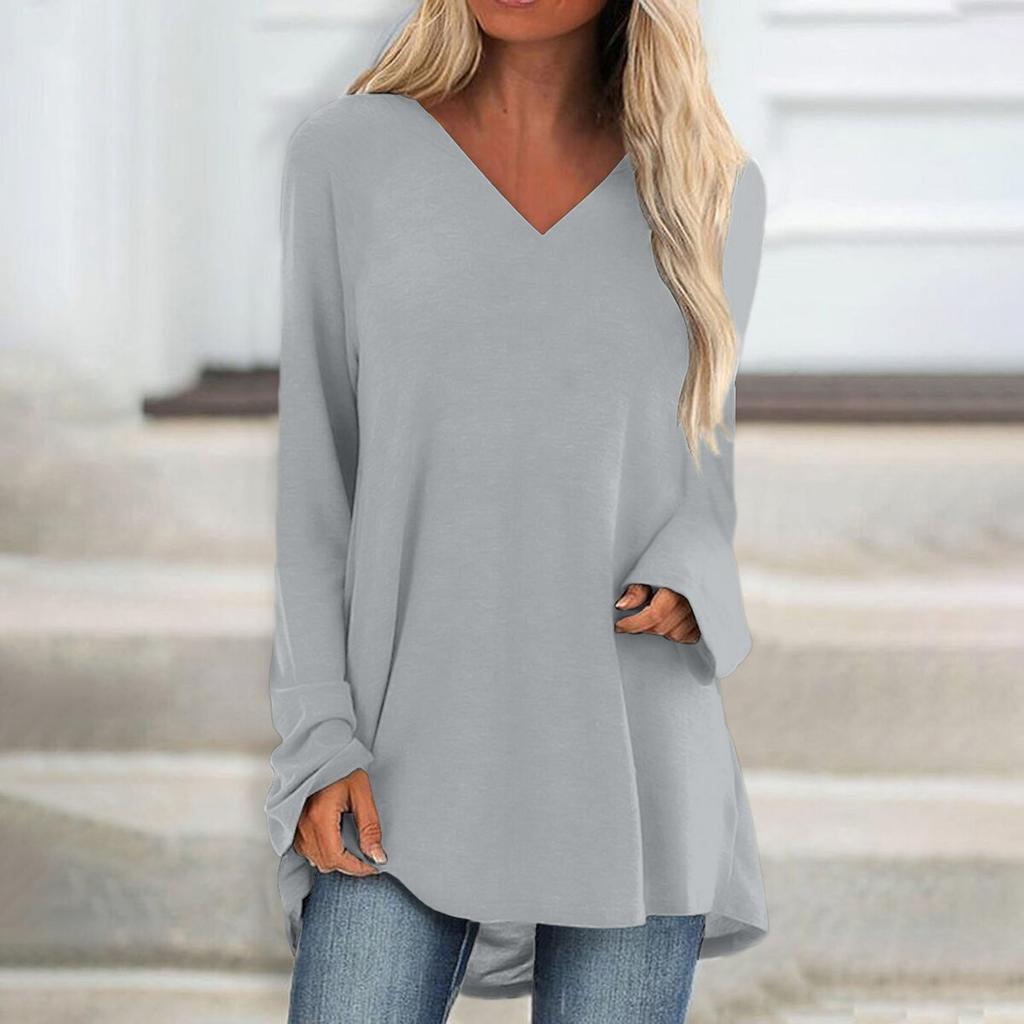 Women's Fashion Casual T-shirt Solid Color Long Sleeve V-neck Medium Long Top