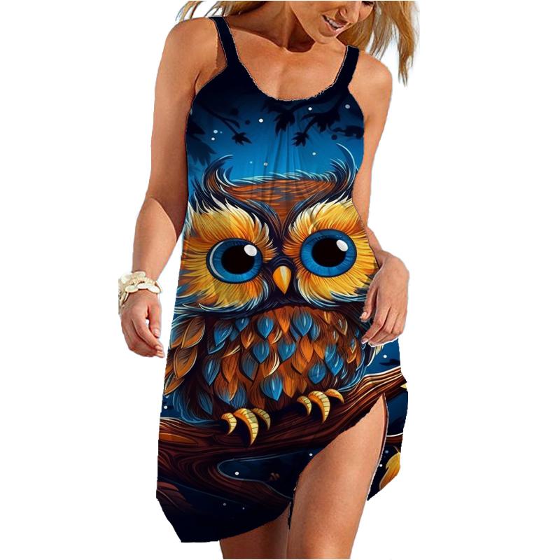 Летнее Новое Пляжное Платье с 3D Принтом Совы, Гавайское Сексуальное Платье с Рукавами на Плечах, Летнее Платье Traf, Платье с Цветами для Женщин
