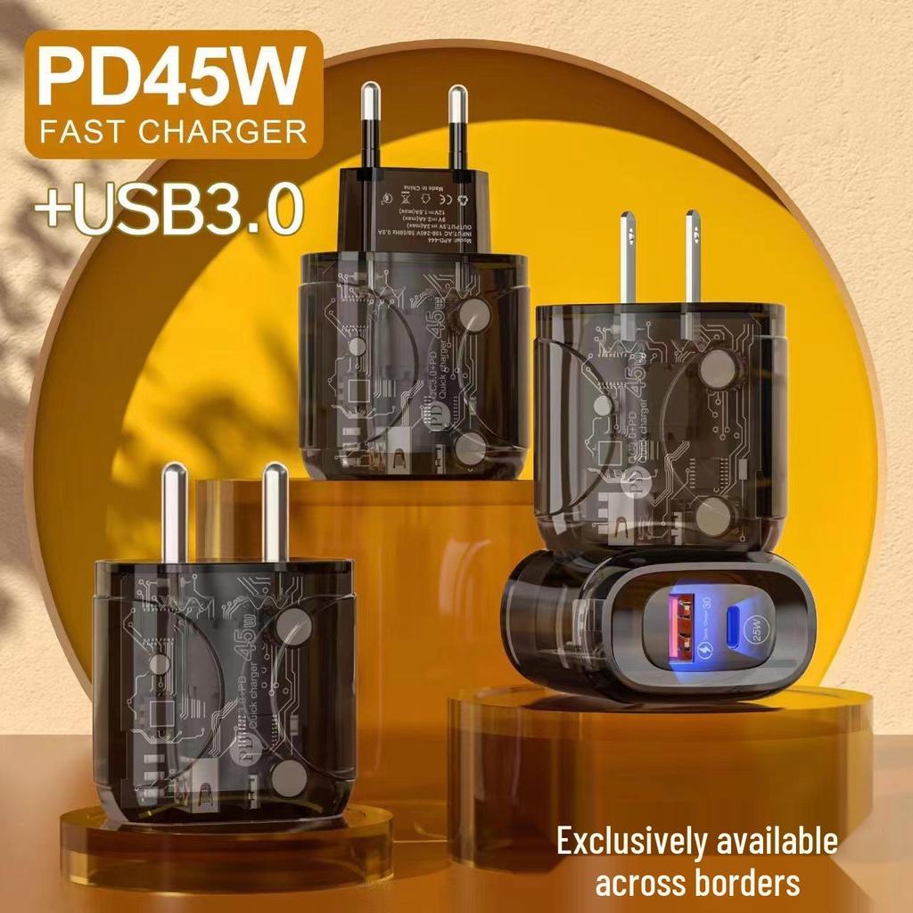 Черное прозрачное быстрое зарядное устройство PD45W для Apple/Huawei с двойным портом A+C