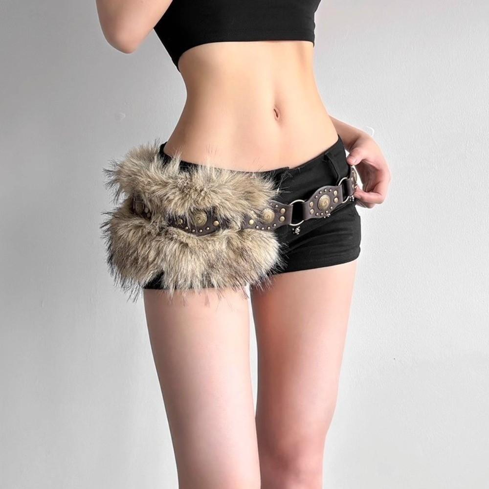 Studded Design Waist Chain Faux Fur Fur Waistband Fashion PU Leather Fur Belt Women's Accessories