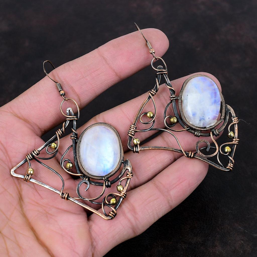 Серьги с радужным лунным камнем, серьги с медной проволокой, серьги ручной работы, ювелирные изделия с проволочной оберткой, серьги с настоящими драгоценными камнями, медные украшения, подарок для нее