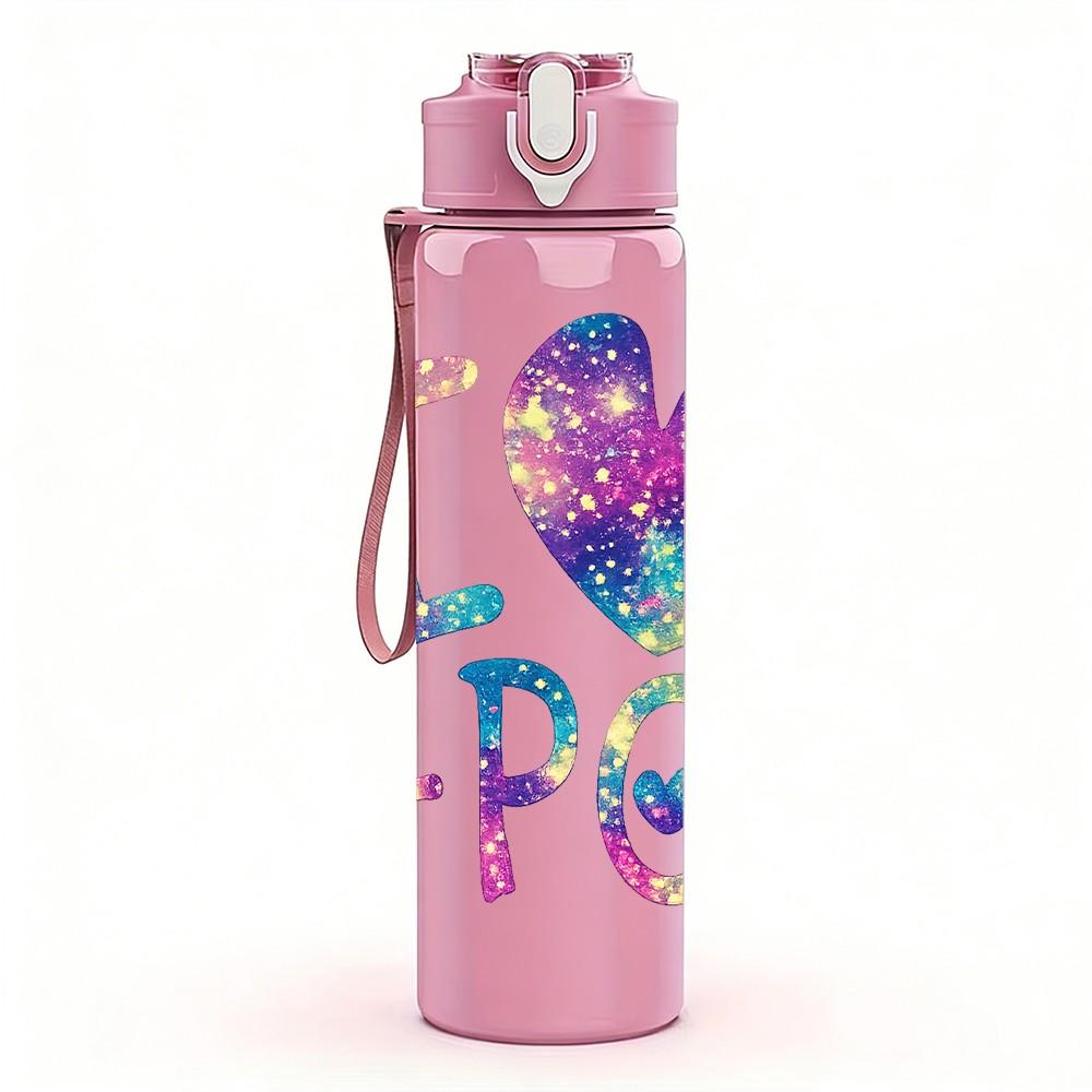 1PC I Love K Pop Heart Letter Slogan Print 750ml Color Plastic Sports Water Bottle Leakproof Flip Straw Lid Suitable for Sports Office Home Use