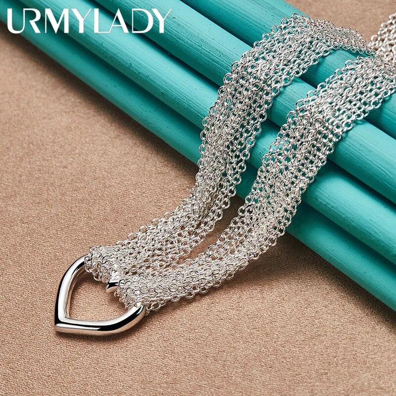 URMYLADY стерлингового серебра 925 пробы, мульти-тонкая цепочка с подвеской в форме сердца, ожерелье для женщин, свадебная вечеринка, модные очаровательные ювелирные изделия