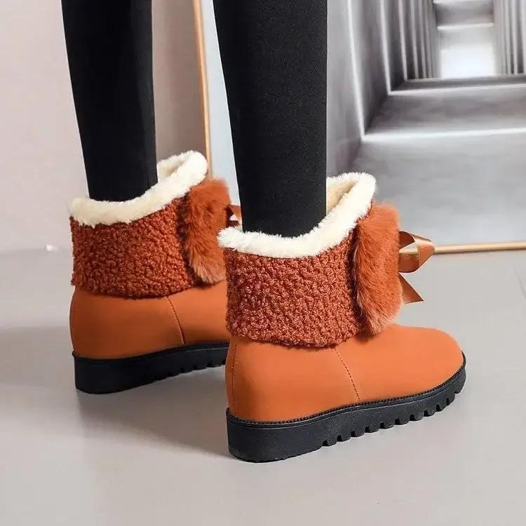 Женские зимние ботинки, ботильоны для женщин, элегантные, на среднем каблуке, ботильоны с лентами и бантом, коричневые, по акции, мода 2024, мех 39