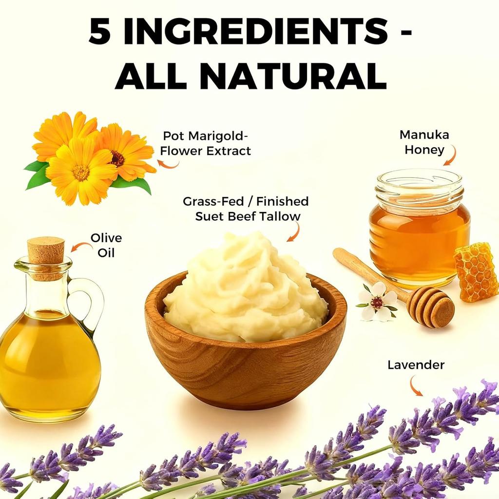 Говяжий жир для кожи - Органический взбитый увлажнитель из мяса животных травяного откорма с медовым бальзамом, Натуральный увлажняющий крем для лица и тела, Облегчение для сухой и чувствительной кожи