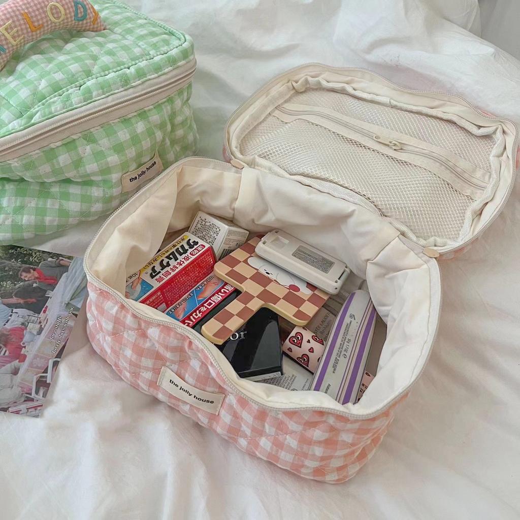 YT Soft and Portable Quilted Handheld Toiletry Bag, Small Handbag, Miscellaneous Storage Bag, Bubu Pink and Green Plaid Makeup B