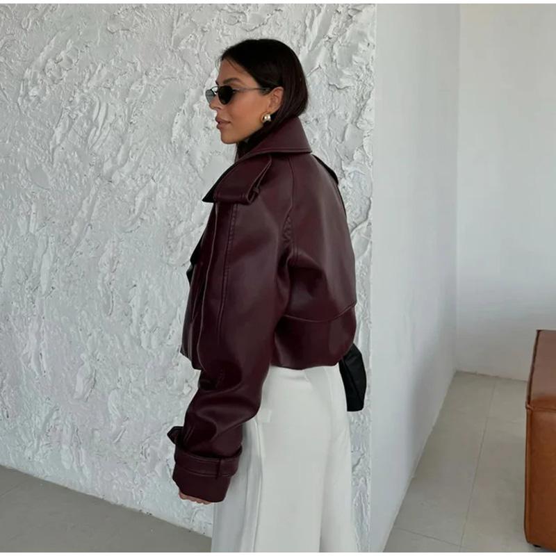 Уличная короткая куртка из кожи бордового цвета с красными карманами и лацканами для женщин, куртка с длинным рукавом, осенняя свободная верхняя одежда для женщин