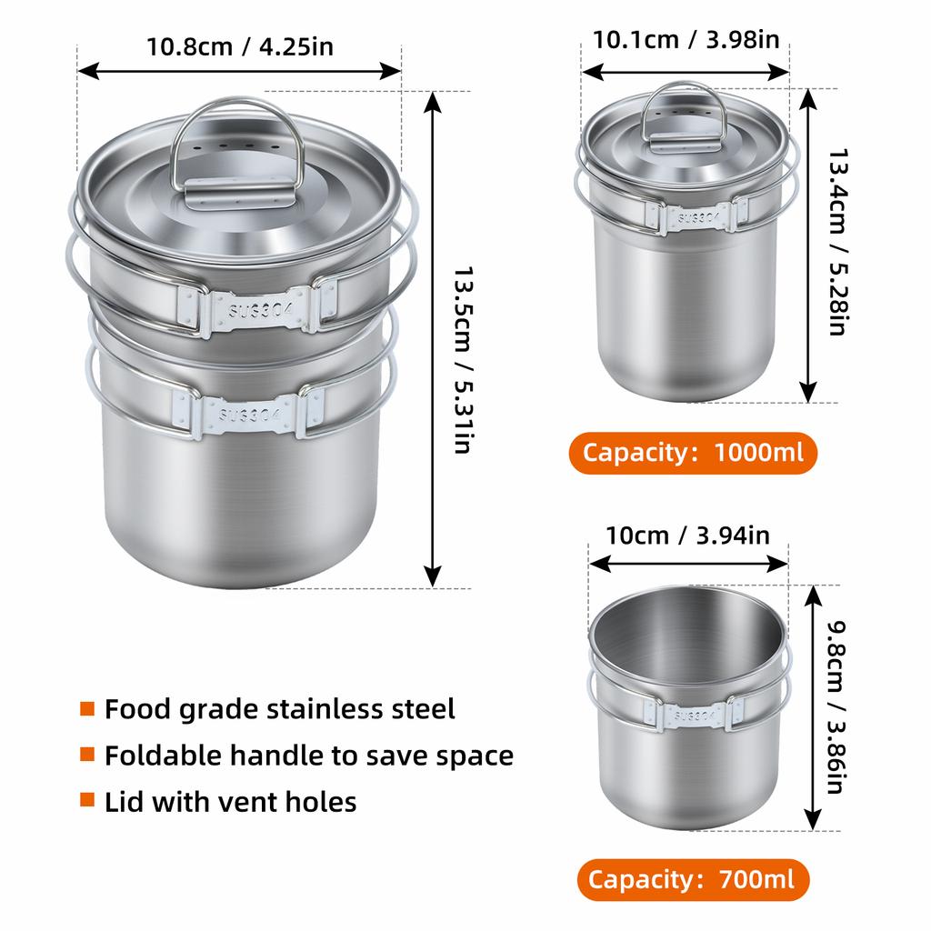 Set of 2 Stackable Camping Mugs Stainless Steel with Storage Bag Portable Coffee Cup with Foldable