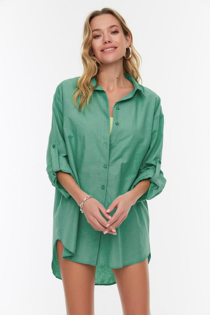 Women's Style Shirt Green Striped Woven Shirt