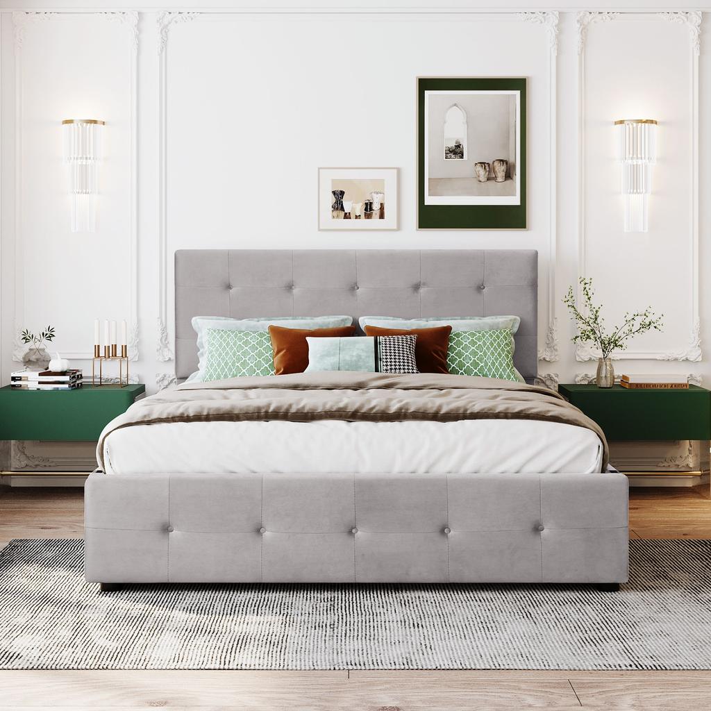 Upholstered Double Bed 140 x 200 cm with Drawers, Slatted Frame, Skin-Friendly Velvet Fabric for Adults and Teenagers, Gray (Mattress not included)