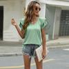Summer Women's T-shirt Solid Colour V-neck Double Layer Ruffle Sleeve Loose Top T-shirt