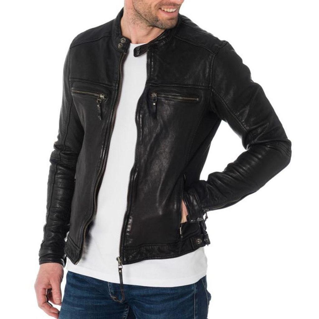 SKINOUTFIT Мужская куртка из натуральной кожи ягненка черного цвета, стильная байкерская куртка-бомбер, верхняя одежда MJ 155