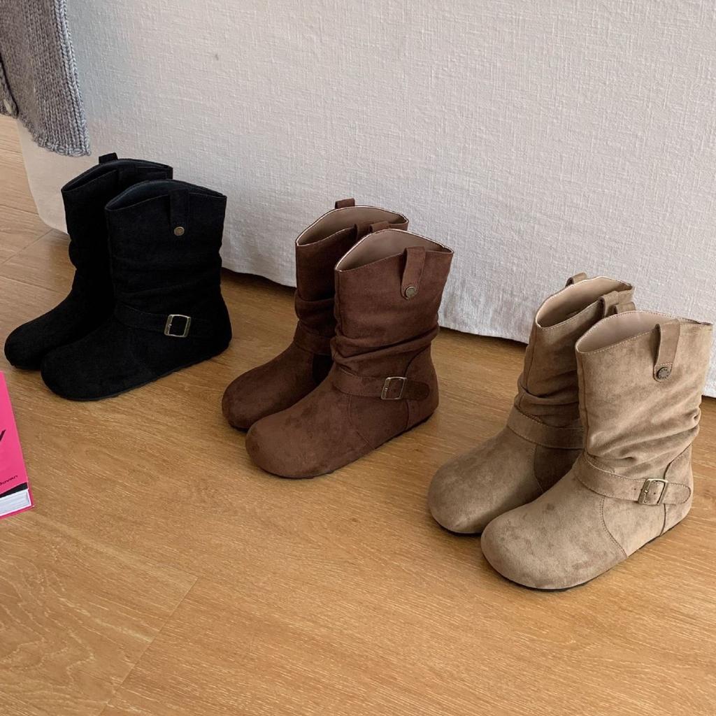 2025 winter new pleated stacking boots women's retro matte fleece western boots medium tube Martin boots inner heightening short boots