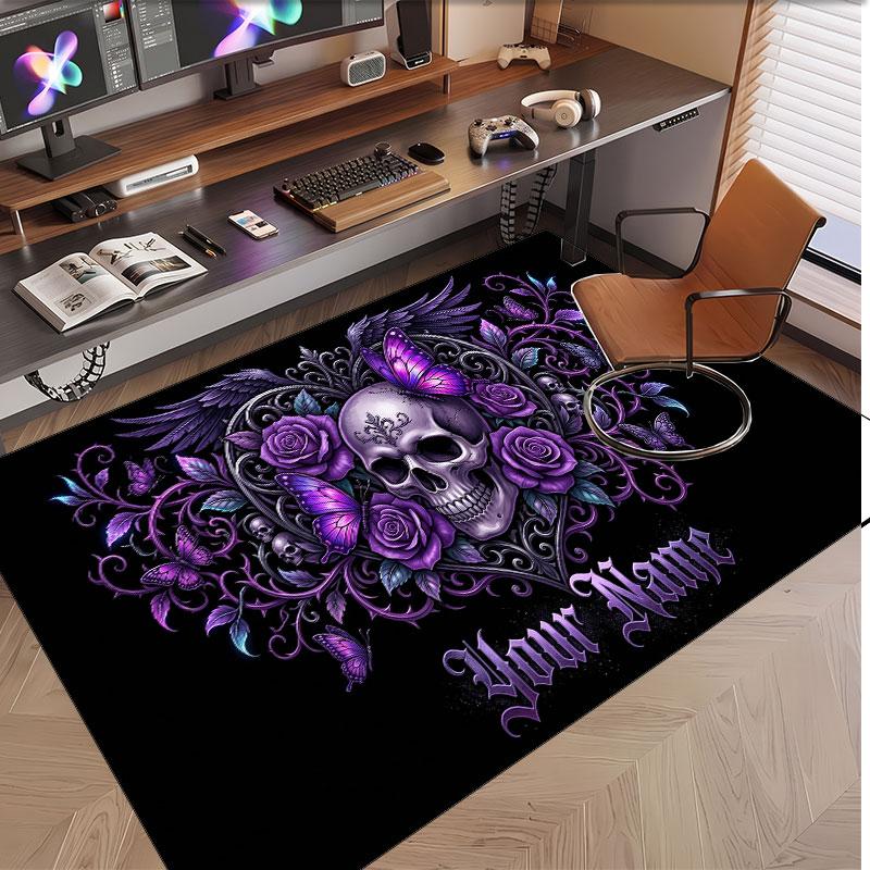 Skull Gothic Theme Soft Crystal Velvet Rug Custom Name & Text Print Non Slip Floor Rug for Bedroom Living Room