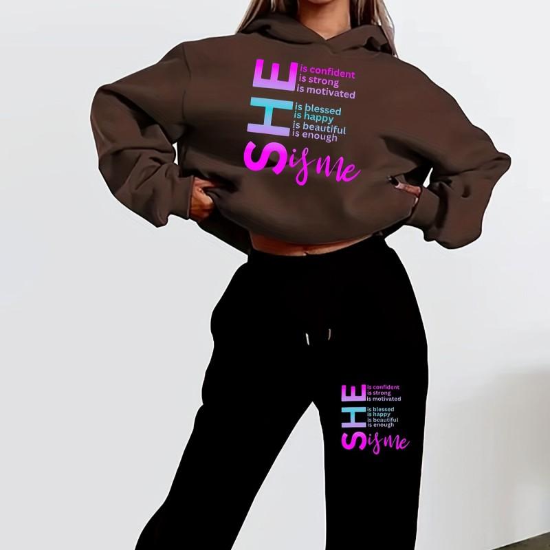 Fleece Hooded Crop Top Sweatshirt Jogger Pants Set Teen Young Adult Casual Outfit
