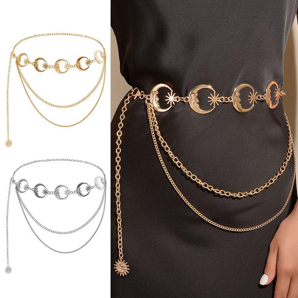 Metal Hip Hop Style Dress Cummerbands Womans Layered Belt Moon Star Waistband Punk Waist Chain