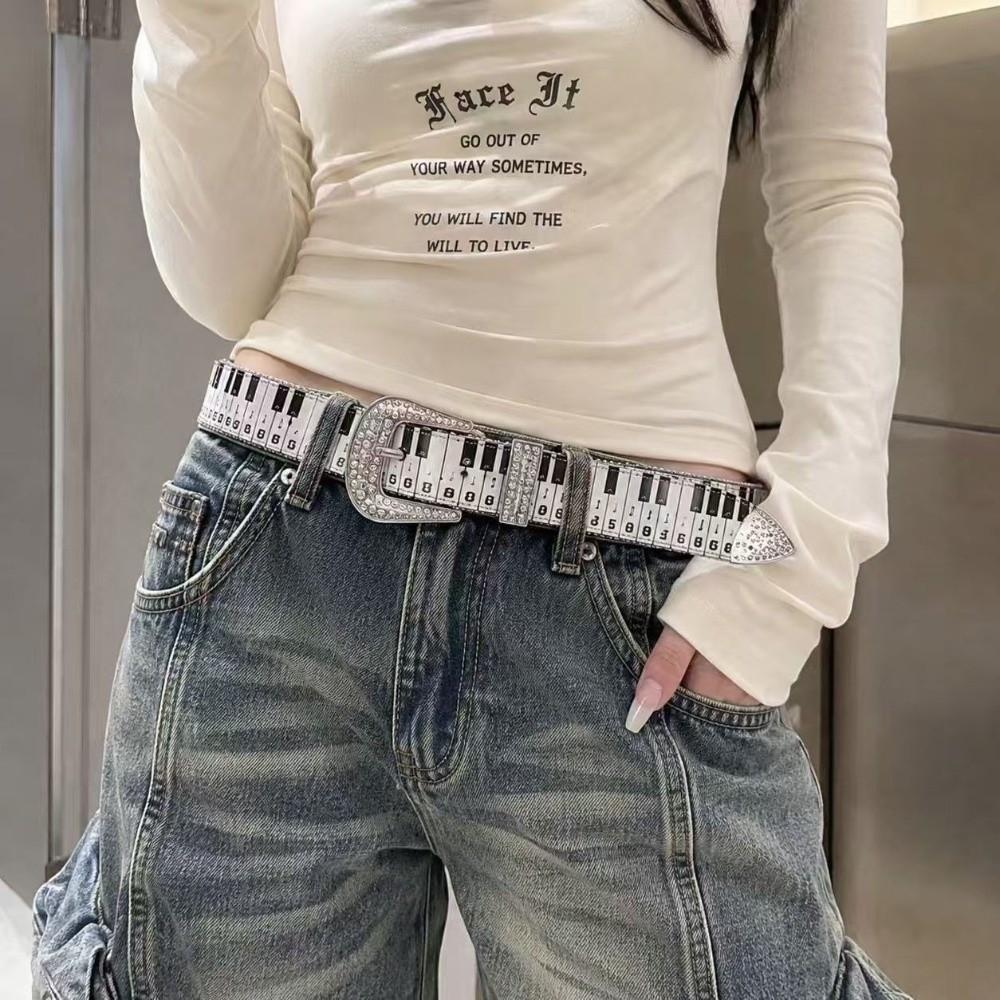 Korean Style Piano Key Note Belt Adjustable Dress Jeans Belt Rhinestone Waistband Streetwear