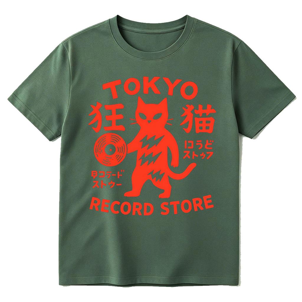 Tokyo Record Store Cat Vinyl Record Player Rock Dj Band Japanese Funny Tshirts Unisex Unisex Clothing Cotton Short Sleeve T Shirts