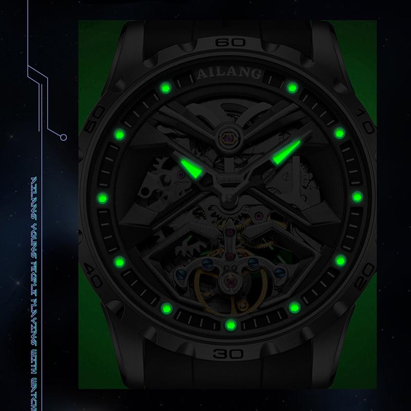 AILANG Fashion Sports Design Tourbillon Watch Men's Waterproof Rubber Strap Automatic Mechanical Watch Hollow Watch for Men