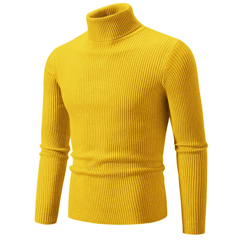 Men's High-Neck Pullover Sweater Autumn Casual Elastic Solid Color Vertical Stripe Knitted Comfortable Basic Sweaters