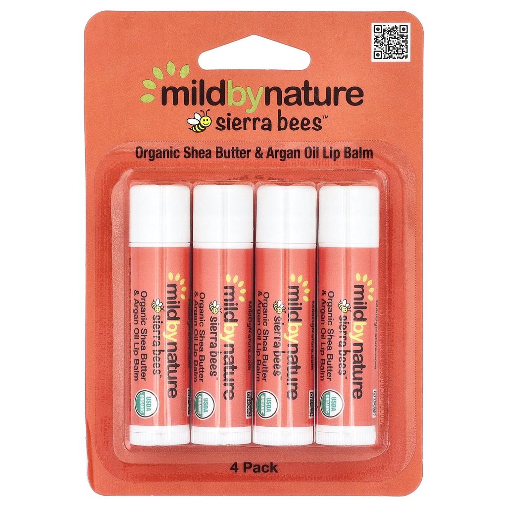 Mild By Nature Sierra Bees™, Органический бальзам для губ, Масло ши и аргановое масло, 4 шт., 4,25 г (0,15 унции) Каждый
