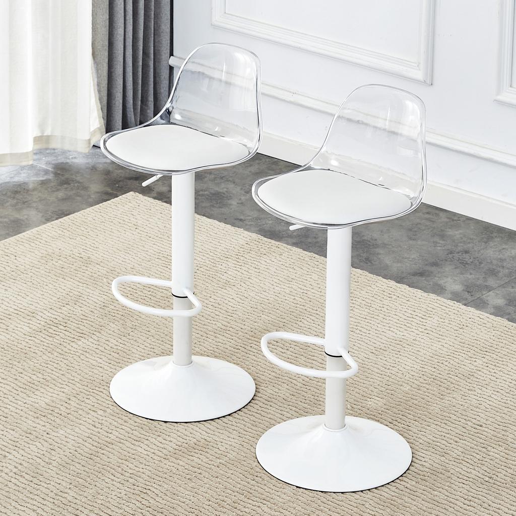 2-Pack Adjustable Bar Chair: Transparent Backrest + White Metal Legs, Height-Adjustable from 82-104 cm, 360 degrees Rotation.