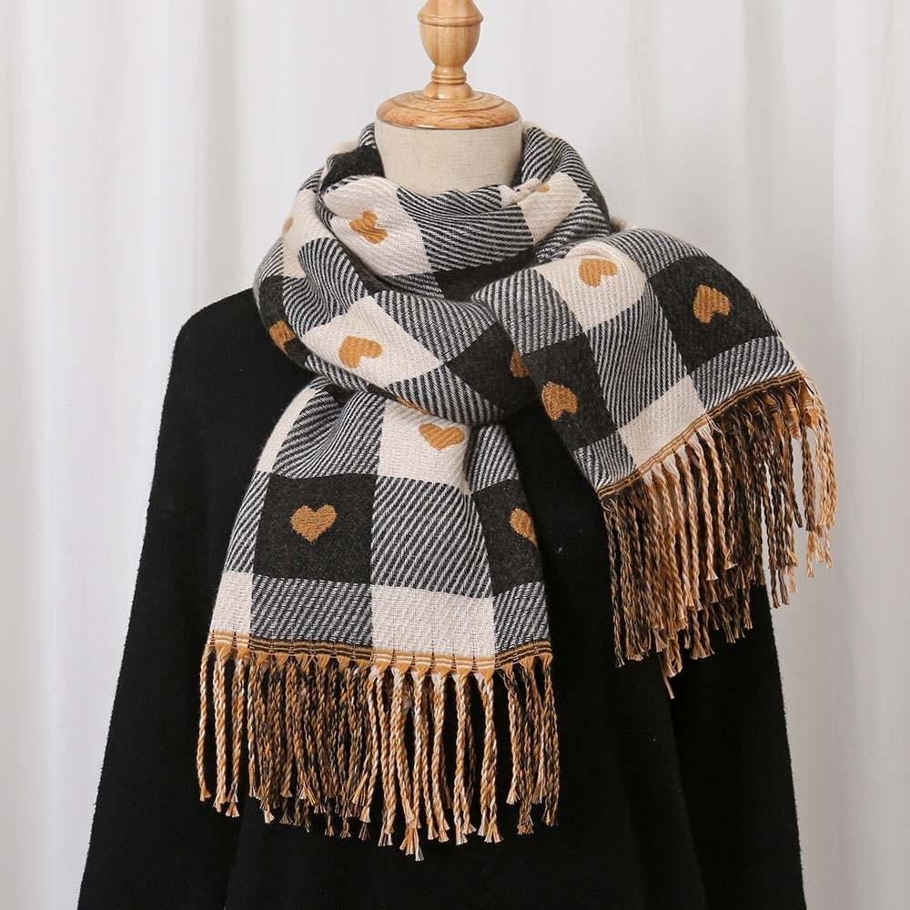Acrylic Fibers Plaid Knitted Scarf Warmer Tassel Shawl Korean Style Heart Thickened Scarf Winter
