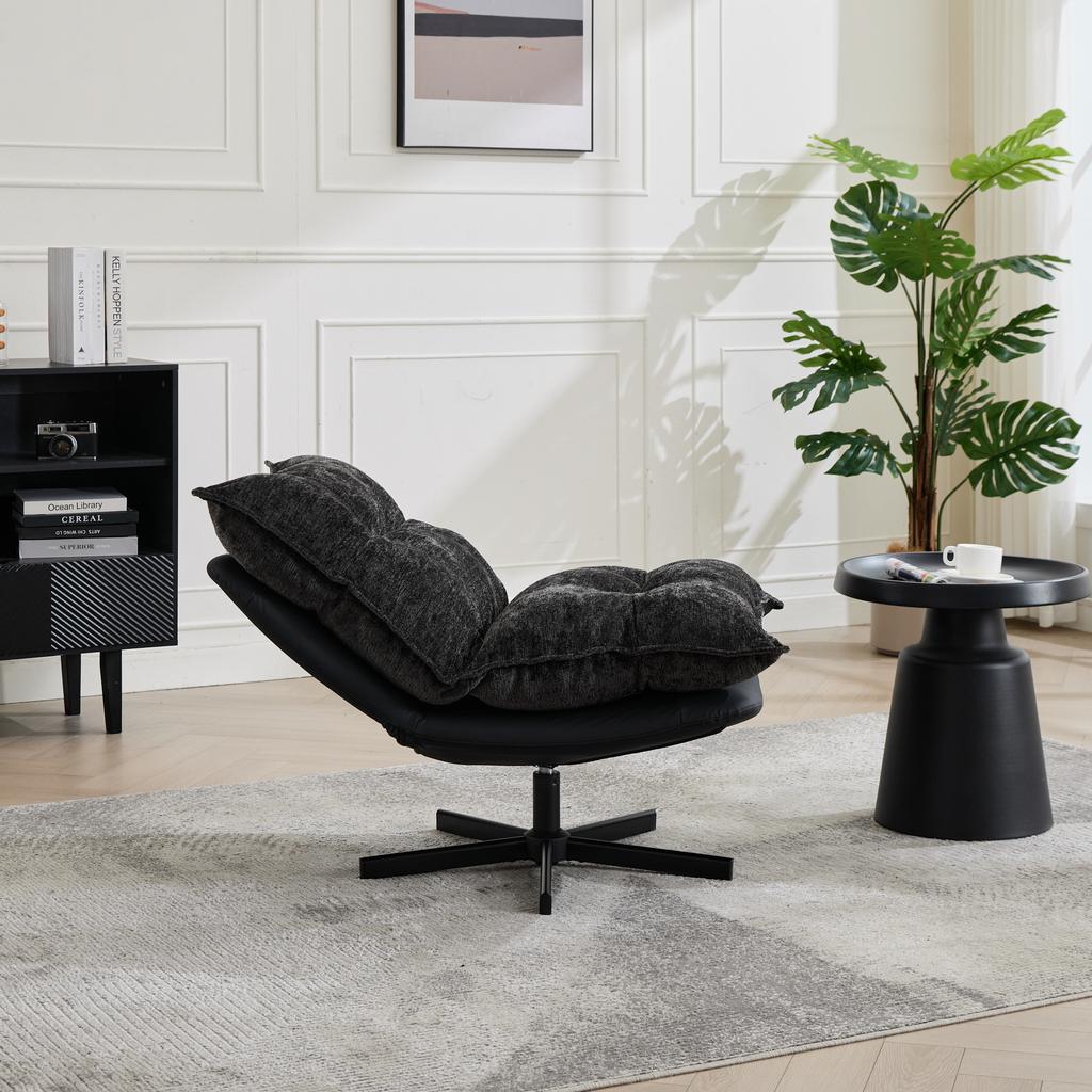 Relax Chair, 3-Way Backrest (95 degrees/110 degrees/125 degrees) - Black Metal Legs, Cat-Scratch Faux Leather, Chenille Cover, Memory Foam