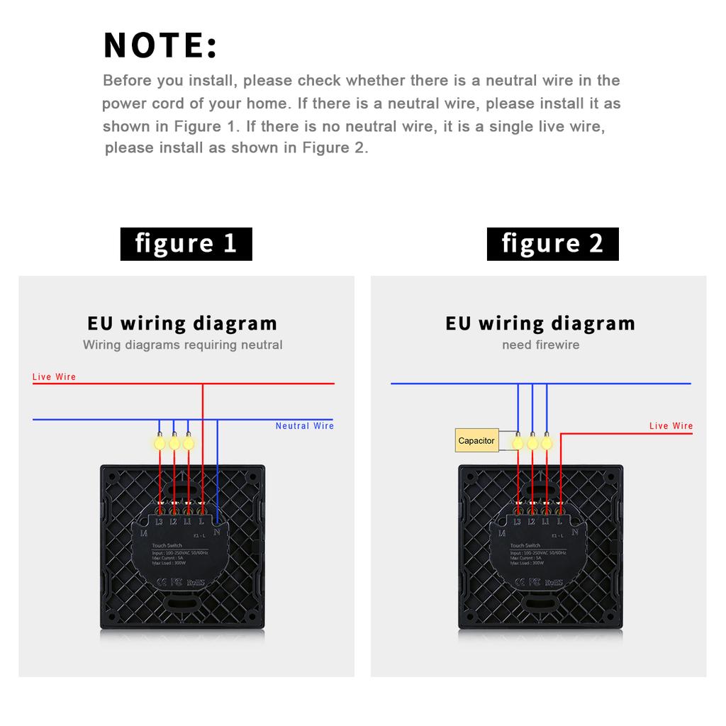 1 2 3 Gang Touch Switch Wall Switch Tempered Crystal Glass Panel Sensor Touch Screen Light Switch EU Standard AC100V-250V Waterproof