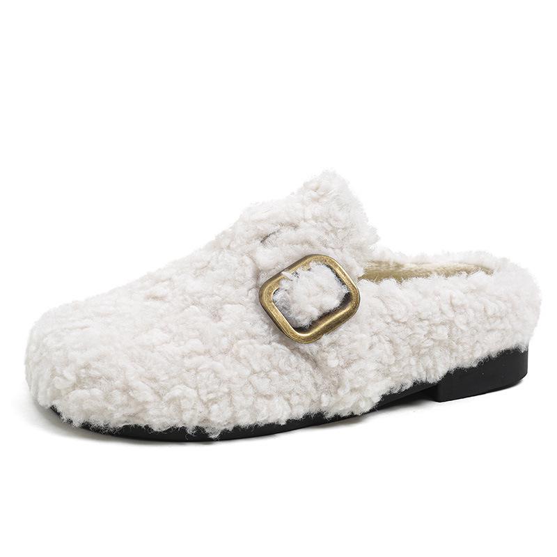 2025 Autumn/Winter Women's Thick Heel Fur Slippers, Round Toe, Closed Toe Mules, Size 41-43. Perfect for Outdoor Wear.