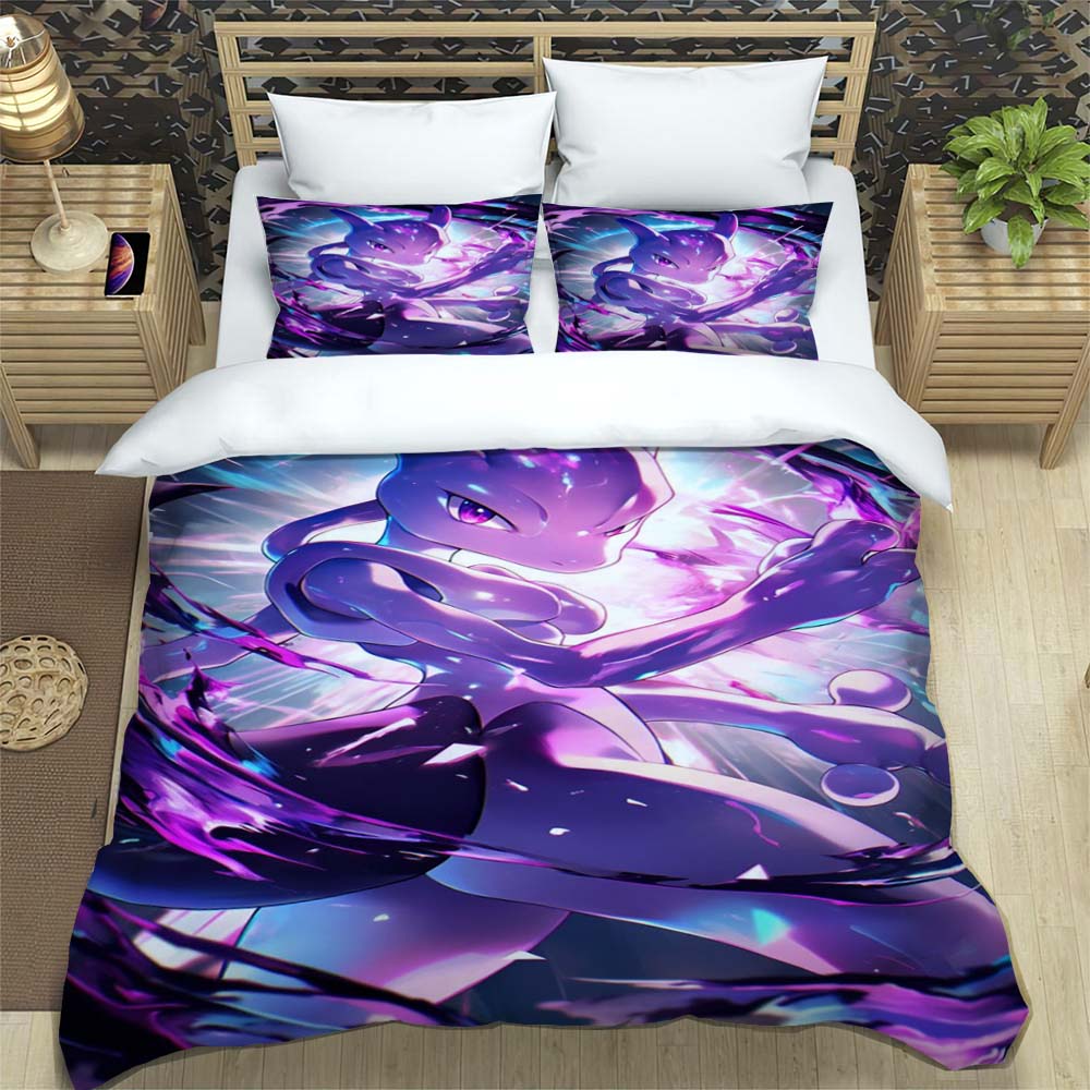 Cartoon Mewtwo print three-piece bedding set, including 1 duvet cover and 2 pillowcases, suitable for adults and children, 111