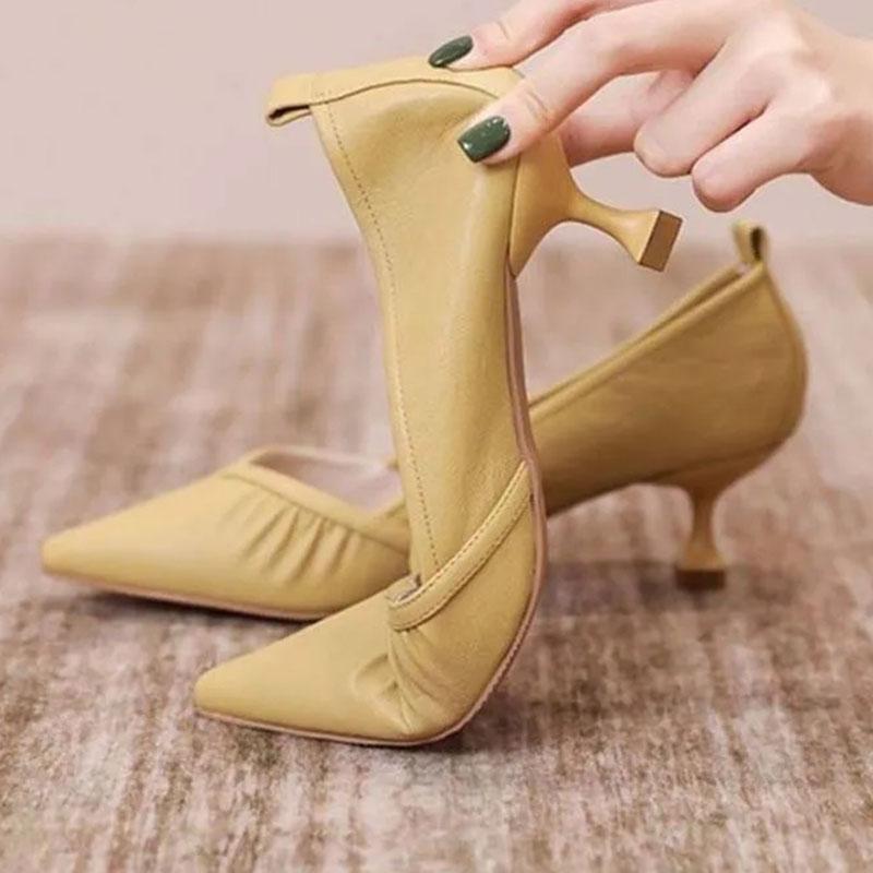 WTEMPO Solid Color High-heeled Shoes Women's Spring and Autumn Thin Heel Pointed Toe Pleated Soft Leather Soft Sole Middle Heel Breathable Shoes